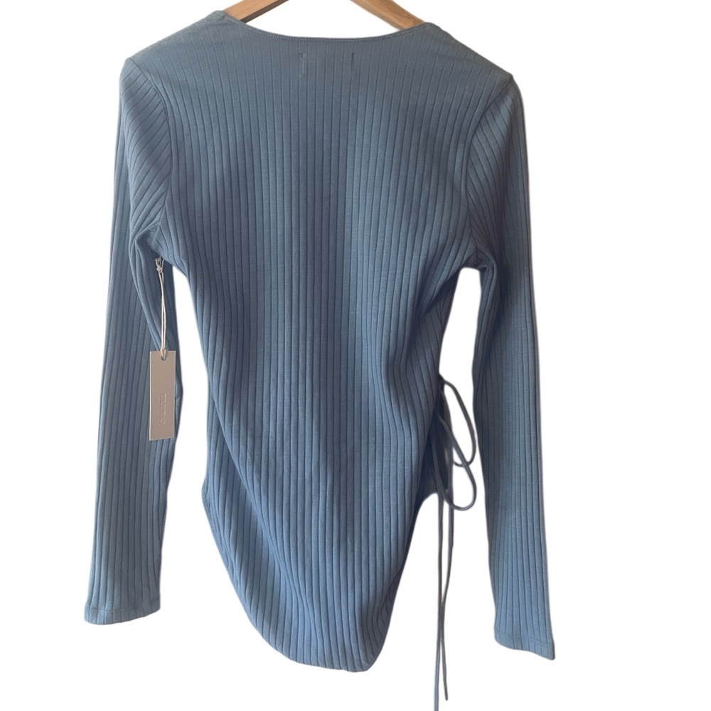CAPULET Ribbed Wrap Bodysuit Blue Gray Long Sleeve Side Tie Date Night Top - Picture 3 of 7
